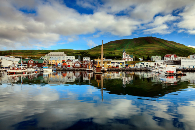 Calm Morning in Husavik Harbor in Northern Iceland