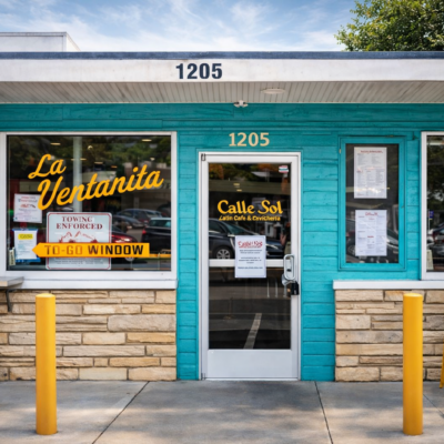 Exterior entrance of Calle Sol Latin Cafe and Cevicheria in Charlotte, North Carolina.