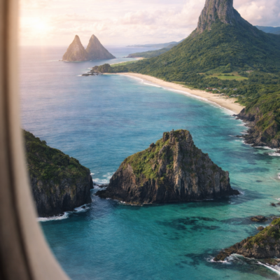 Aerial view of Fernando de Noronha from an airplane window with turquoise water, dramatic cliffs, and iconic rock formations in Brazil.