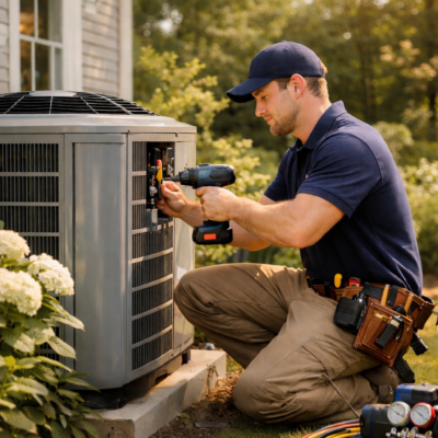 HVAC technician installing a residential air conditioning unit for optimal performance and energy efficiency.