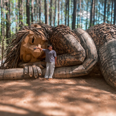 Child touching giant wooden troll sculpture lying down in Raleigh park.