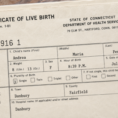 Birth certificate showing Andrea Maria Perullo's birth information in Danbury, Connecticut on July 23, 1982.