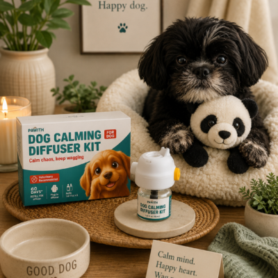 Black and white Shih Tzu named Panda sitting beside a Pawith Dog Calming Diffuser Kit in a cozy home setting.
